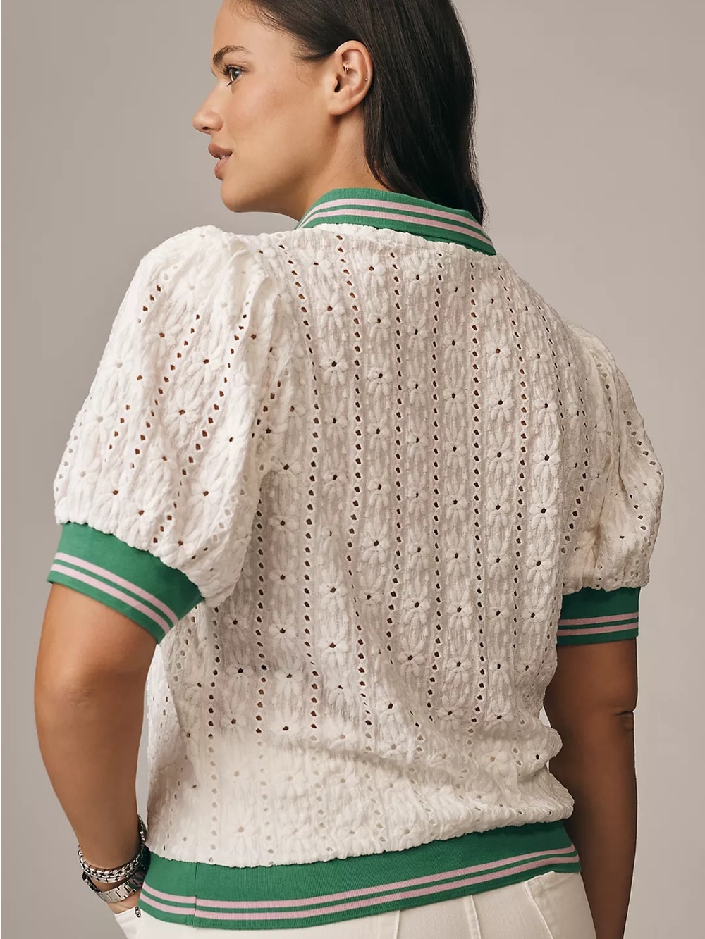 Anthropologie Maeve Puff Sleeve Lace Polo in White Green Size Medium New Tag - Picture 3 of 13